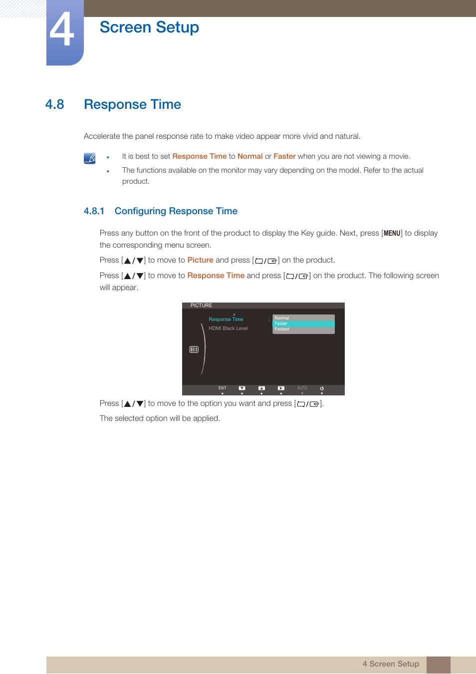 8 response time, 1 configuring response time, Response time | Configuring response time, Screen setup | Samsung LS24B750VSG-ZA User Manual | Page 46 / 94