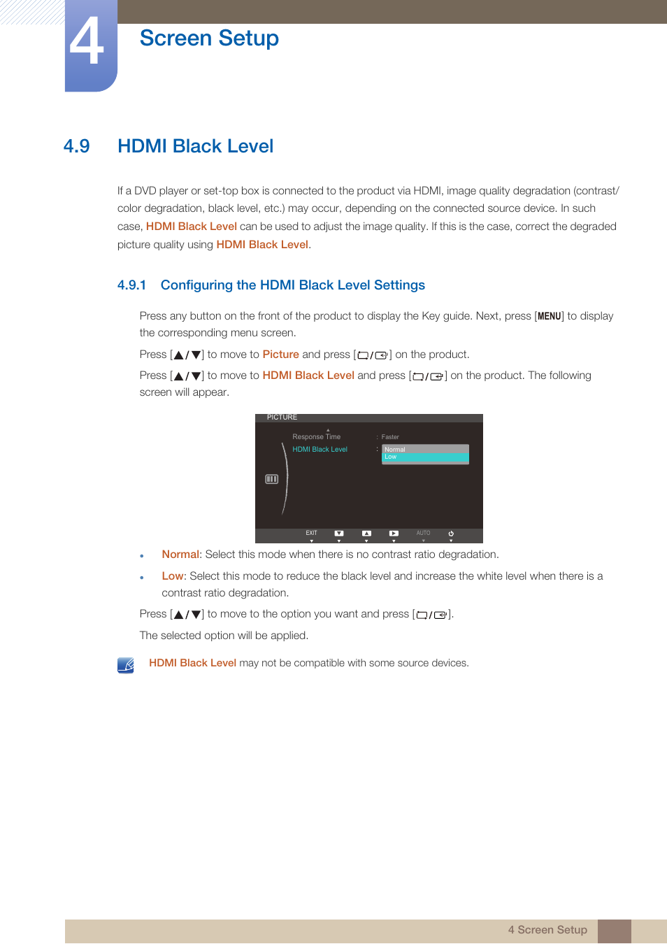 9 hdmi black level, 1 configuring the hdmi black level settings, Hdmi black level | Configuring the hdmi black level settings, Screen setup | Samsung LS24B750VSG-ZA User Manual | Page 47 / 94