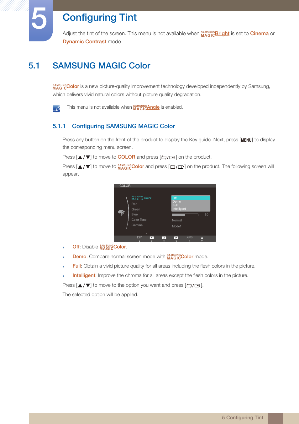 Configuring tint, 1 samsung magic color, 1 configuring samsung magic color | Samsung magic color, Configuring samsung magic color, Color, Samsung, Magic | Samsung LS24B750VSG-ZA User Manual | Page 48 / 94