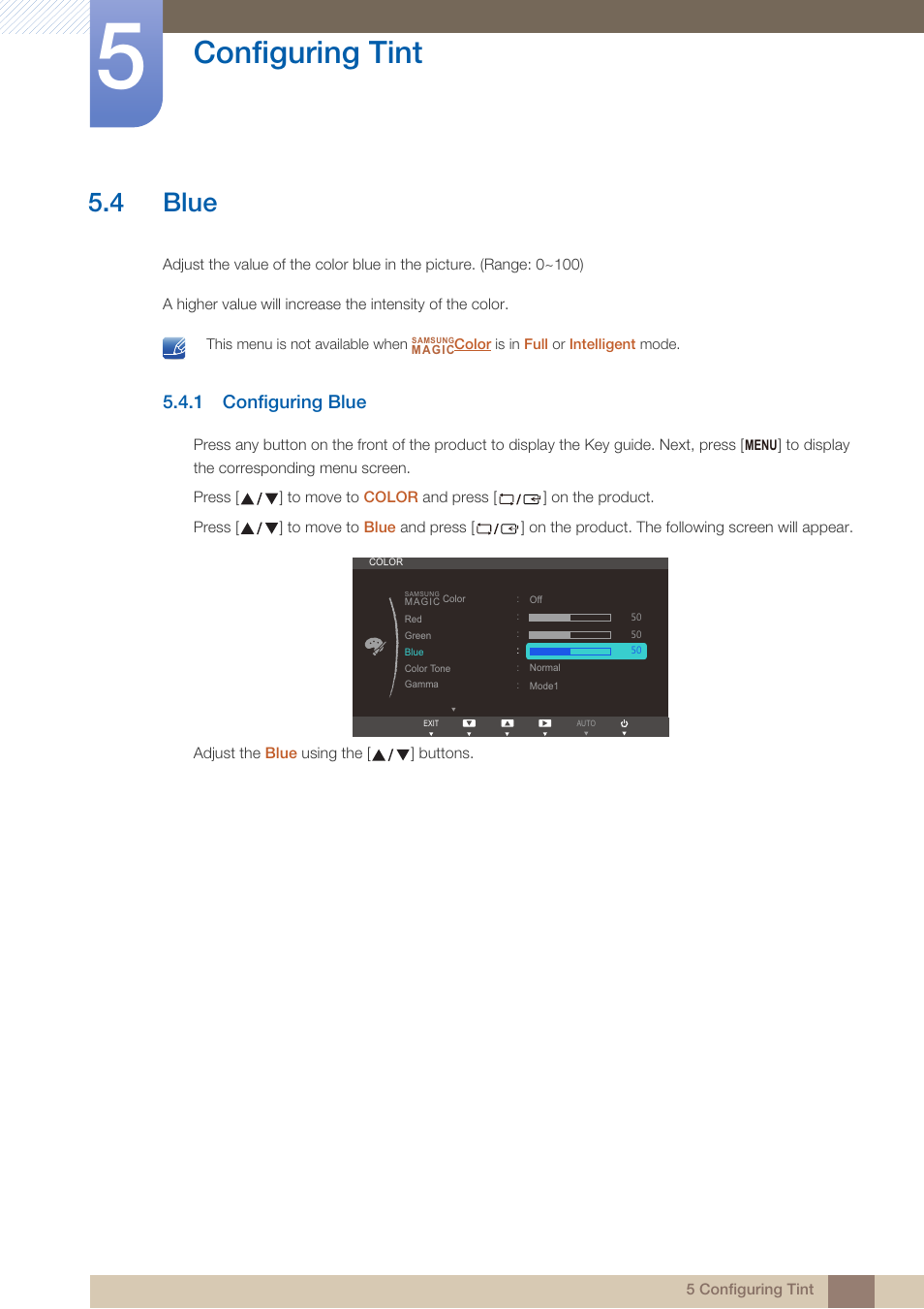4 blue, 1 configuring blue, Blue | Configuring blue, Configuring tint | Samsung LS24B750VSG-ZA User Manual | Page 51 / 94
