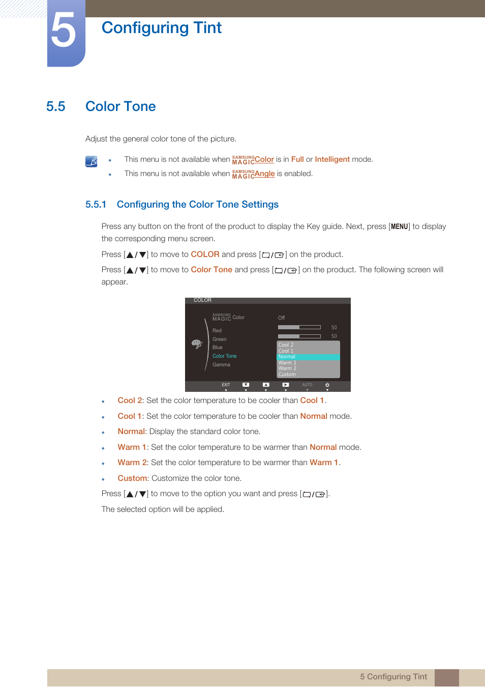 5 color tone, 1 configuring the color tone settings, Color tone | Configuring the color tone settings, Configuring tint | Samsung LS24B750VSG-ZA User Manual | Page 52 / 94