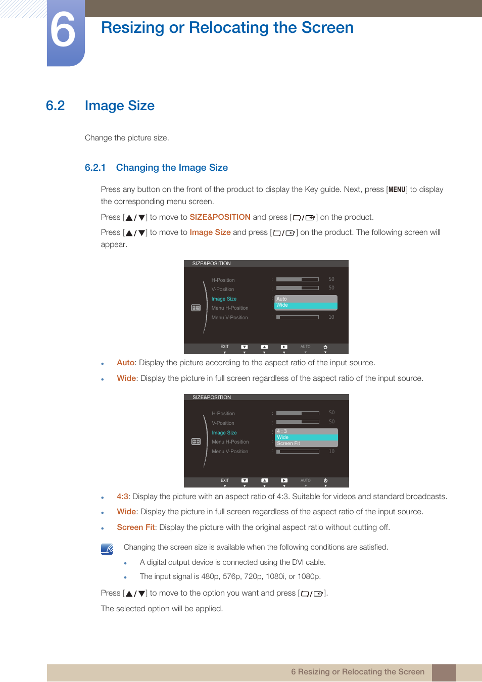 2 image size, 1 changing the image size, Image size | Changing the image size, Resizing or relocating the screen | Samsung LS24B750VSG-ZA User Manual | Page 55 / 94