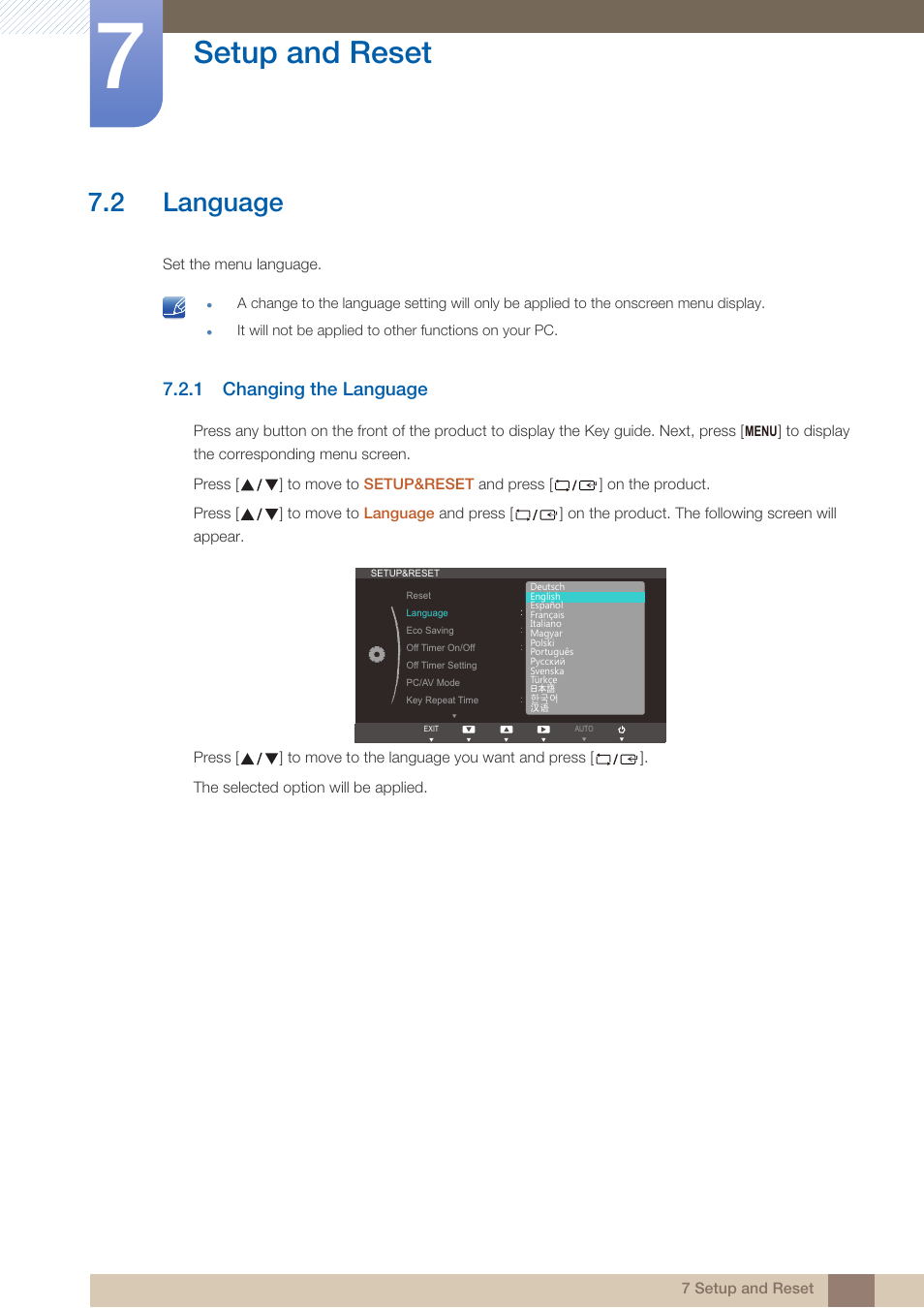 2 language, 1 changing the language, Language | Changing the language, Setup and reset | Samsung LS24B750VSG-ZA User Manual | Page 58 / 94