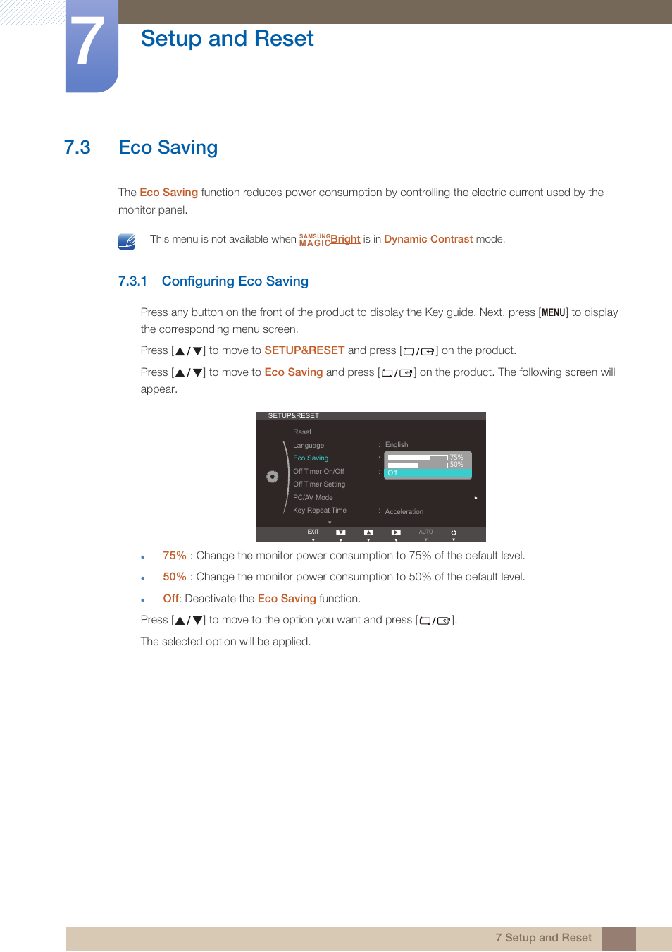 3 eco saving, 1 configuring eco saving, Eco saving | Configuring eco saving, Setup and reset | Samsung LS24B750VSG-ZA User Manual | Page 59 / 94