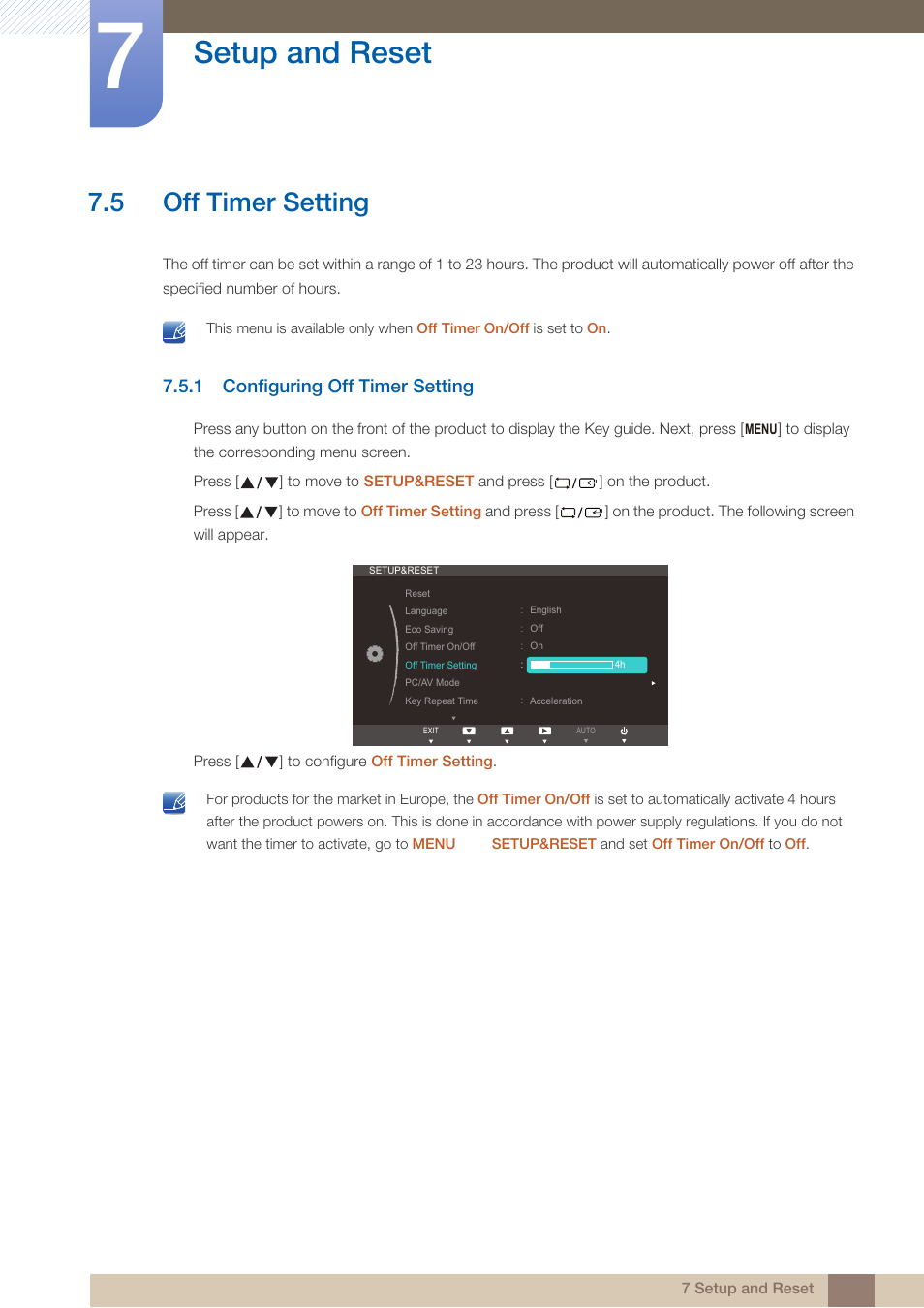 5 off timer setting, 1 configuring off timer setting, Off timer setting | Configuring off timer setting, Setup and reset | Samsung LS24B750VSG-ZA User Manual | Page 61 / 94