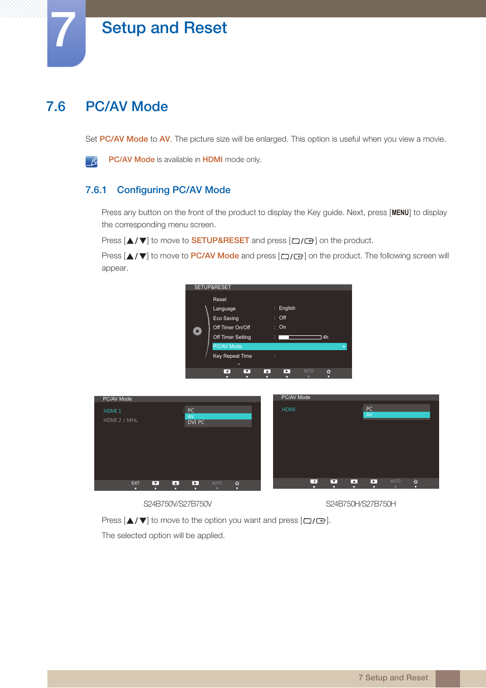 6 pc/av mode, 1 configuring pc/av mode, Pc/av mode | Configuring pc/av mode, Setup and reset | Samsung LS24B750VSG-ZA User Manual | Page 62 / 94