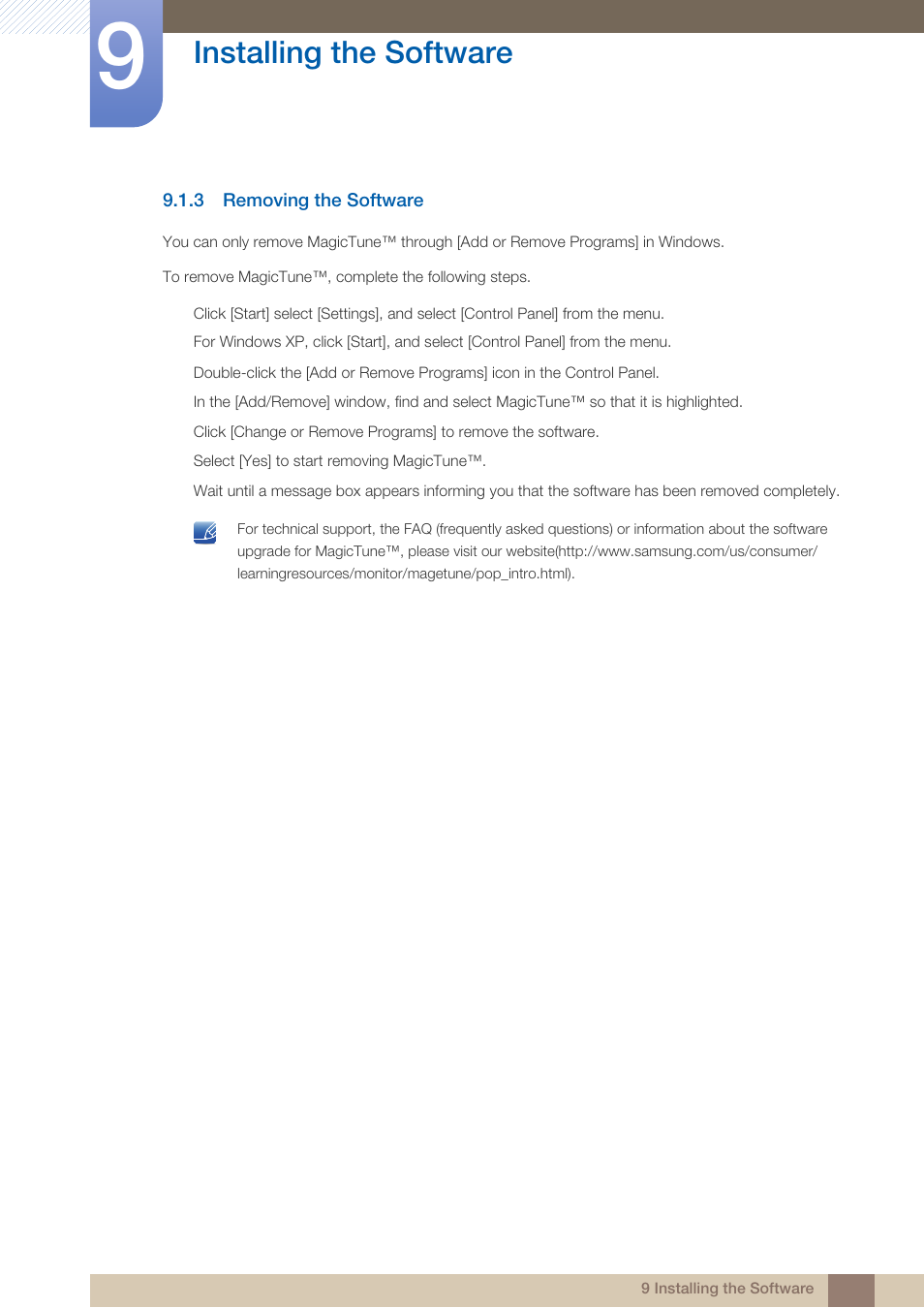 3 removing the software, Removing the software, Installing the software | Samsung LS24B750VSG-ZA User Manual | Page 73 / 94