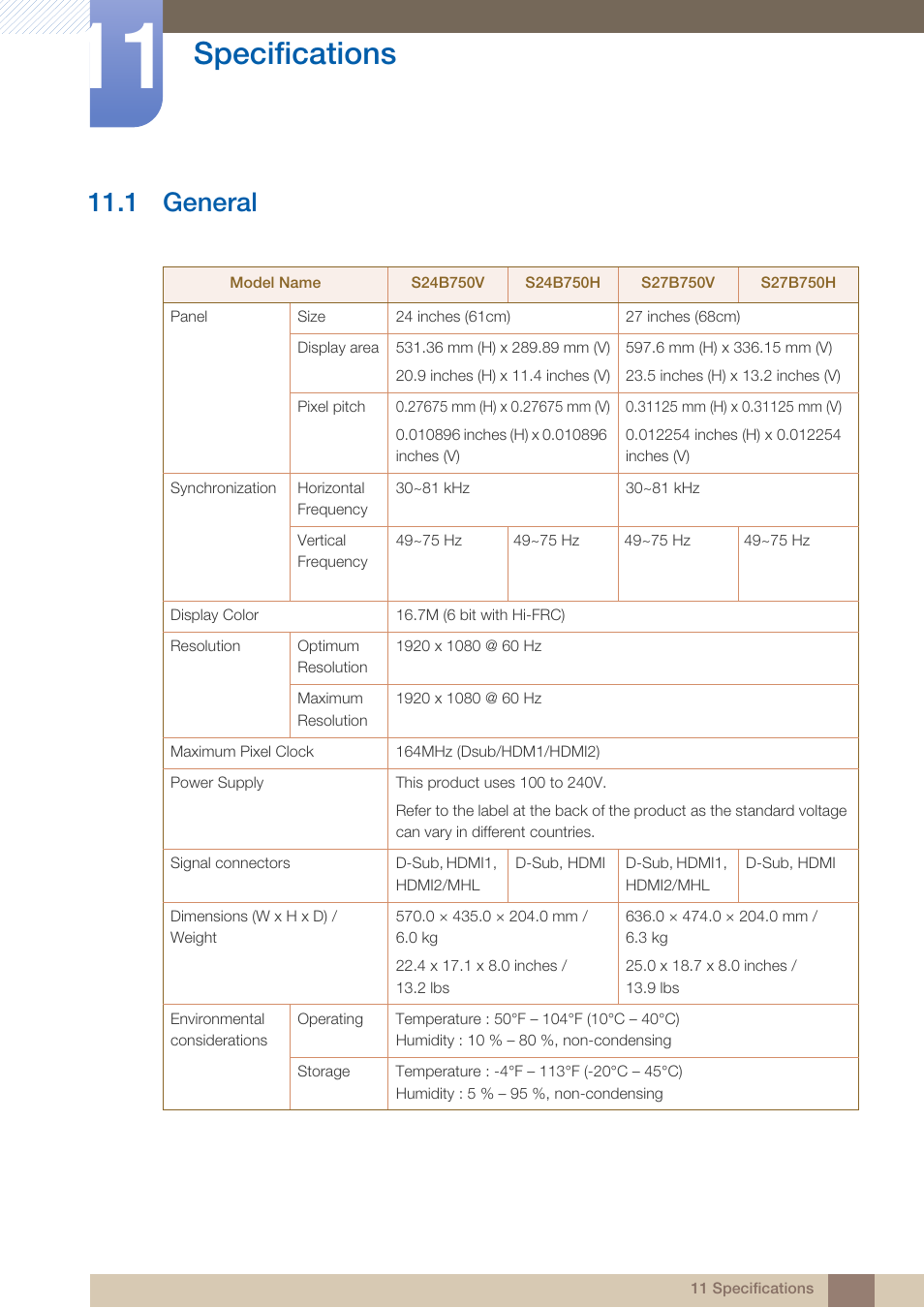 Specifications, 1 general, General | 1 general") | Samsung LS24B750VSG-ZA User Manual | Page 79 / 94