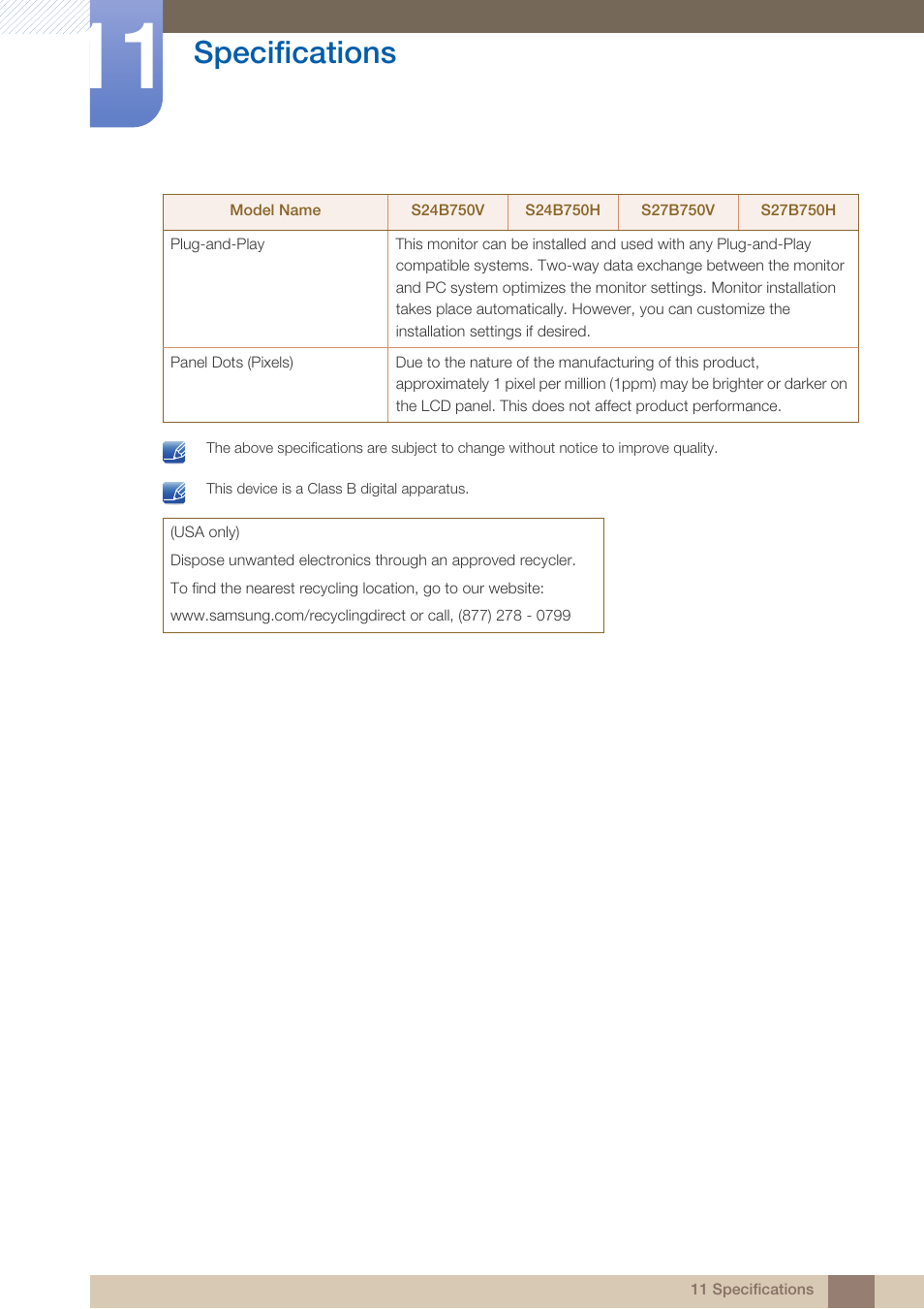 Specifications | Samsung LS24B750VSG-ZA User Manual | Page 80 / 94