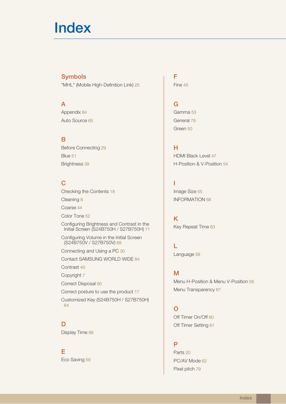 Index, Symbols | Samsung LS24B750VSG-ZA User Manual | Page 93 / 94