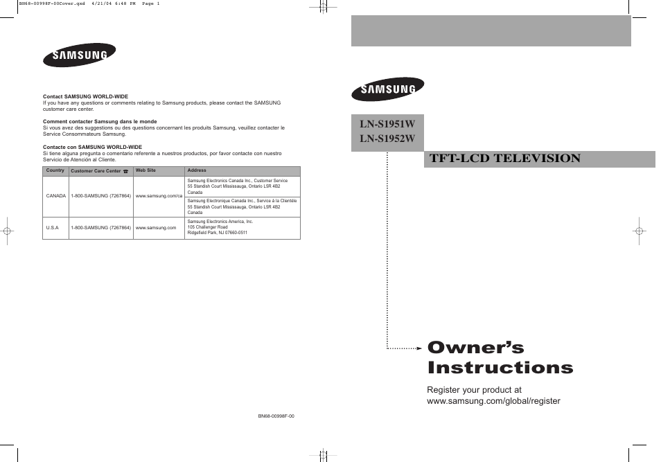 Samsung LNS1951WX-XAP User Manual | 80 pages