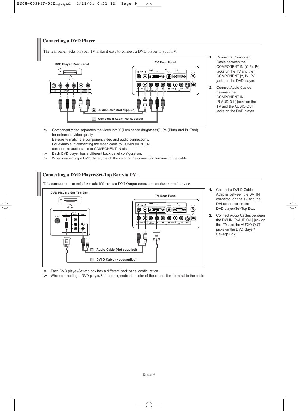 Connecting a dvd player, Connecting a dvd player/set-top box via dvi | Samsung LNS1951WX-XAP User Manual | Page 11 / 80