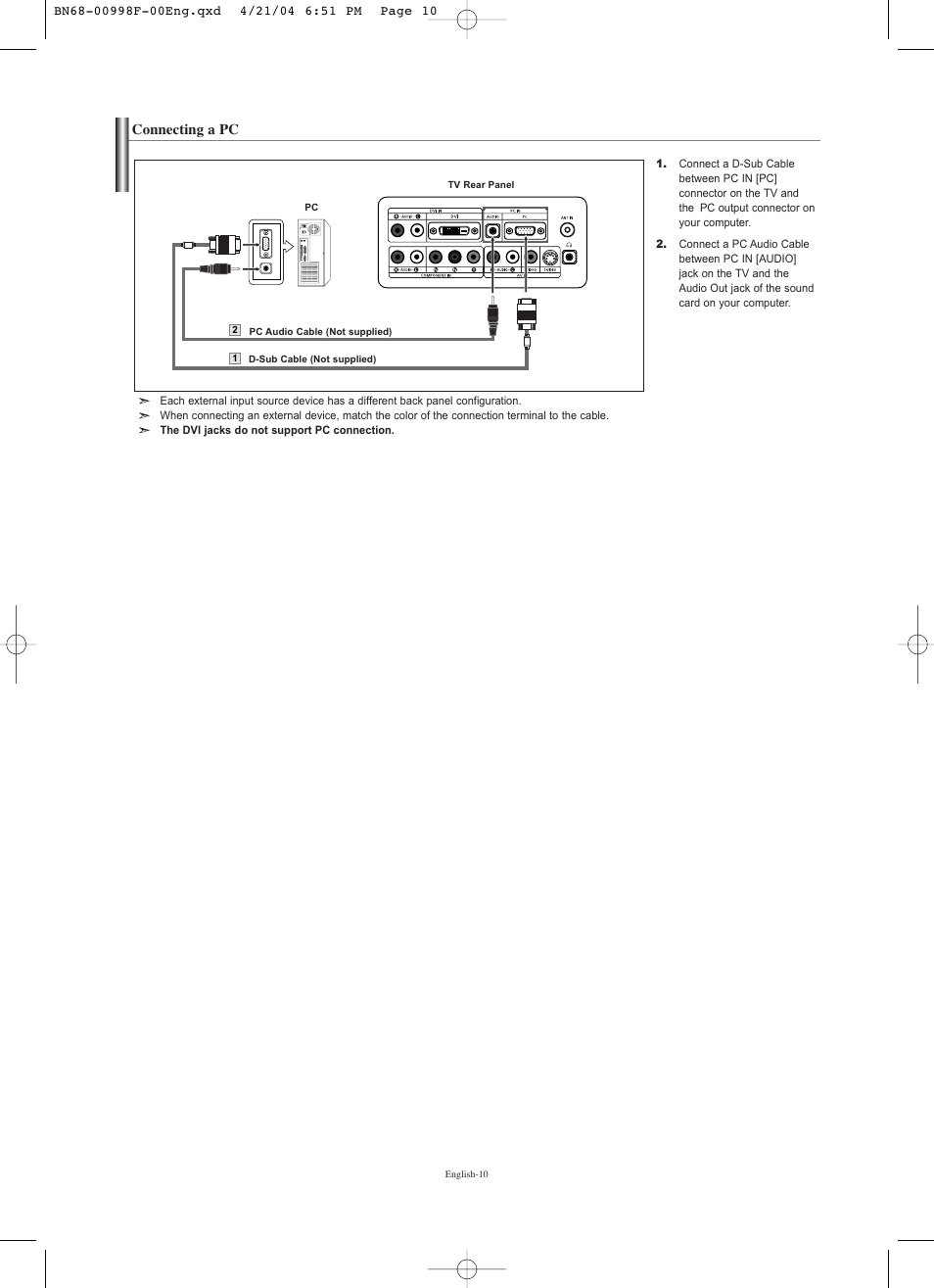 Connecting a pc | Samsung LNS1951WX-XAP User Manual | Page 12 / 80