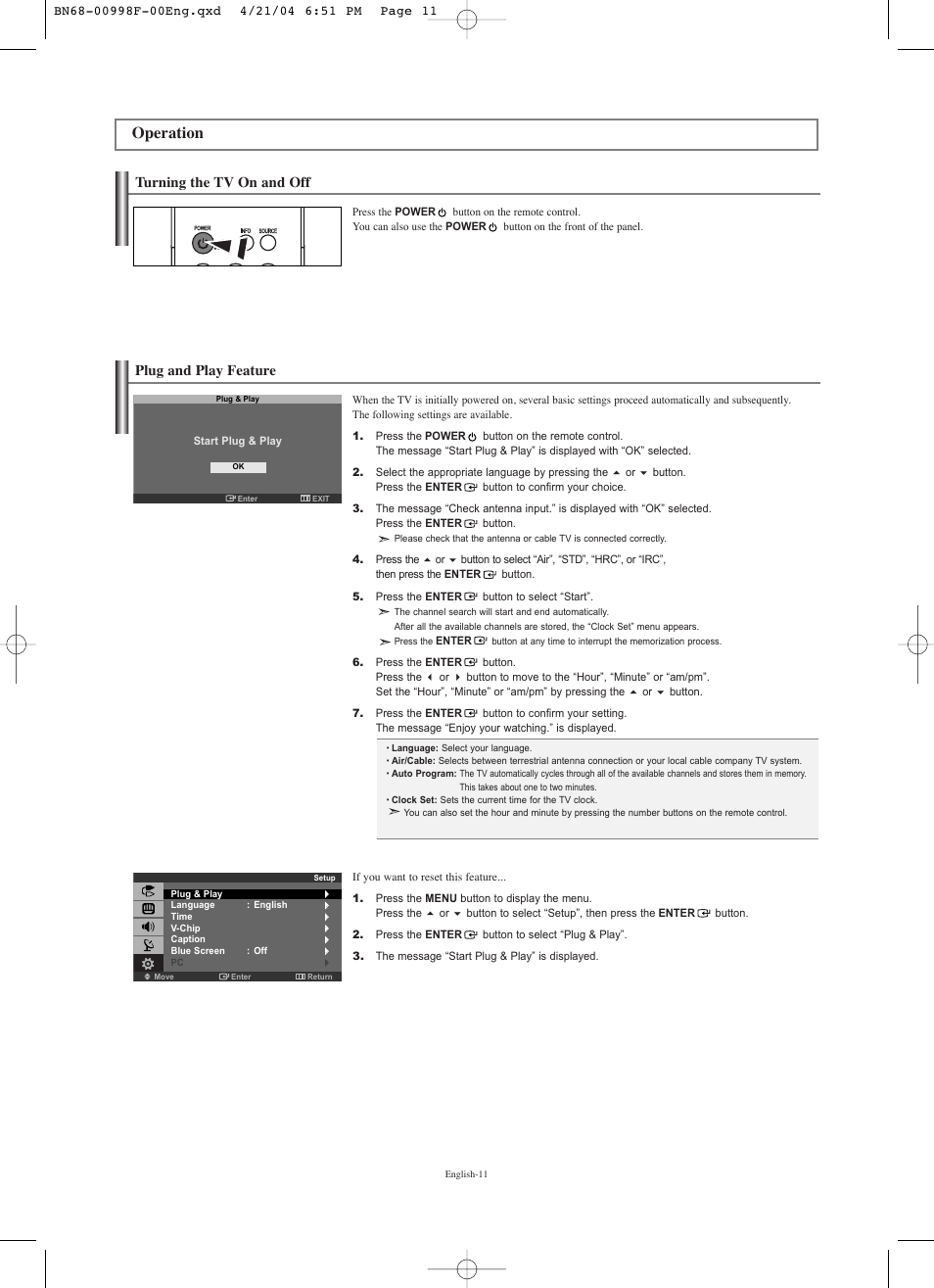 Operation, Turning the tv on and off, Plug and play feature | Samsung LNS1951WX-XAP User Manual | Page 13 / 80