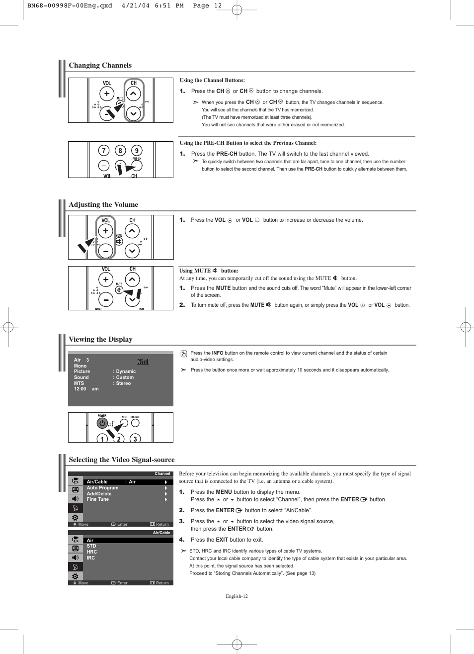 Changing channels, Adjusting the volume, Viewing the display | Selecting the video signal-source | Samsung LNS1951WX-XAP User Manual | Page 14 / 80