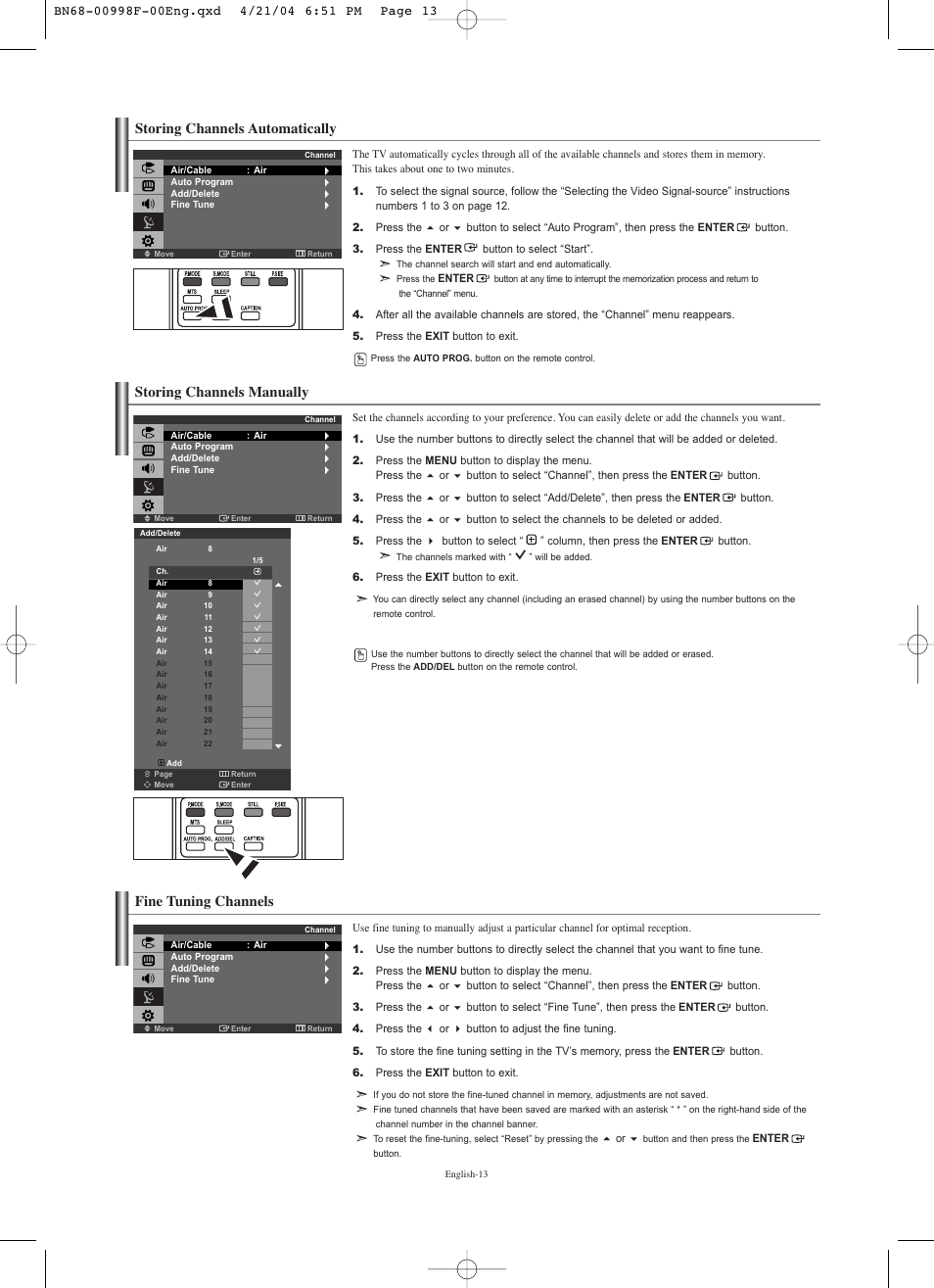 Storing channels automatically, Storing channels manually, Fine tuning channels | Samsung LNS1951WX-XAP User Manual | Page 15 / 80