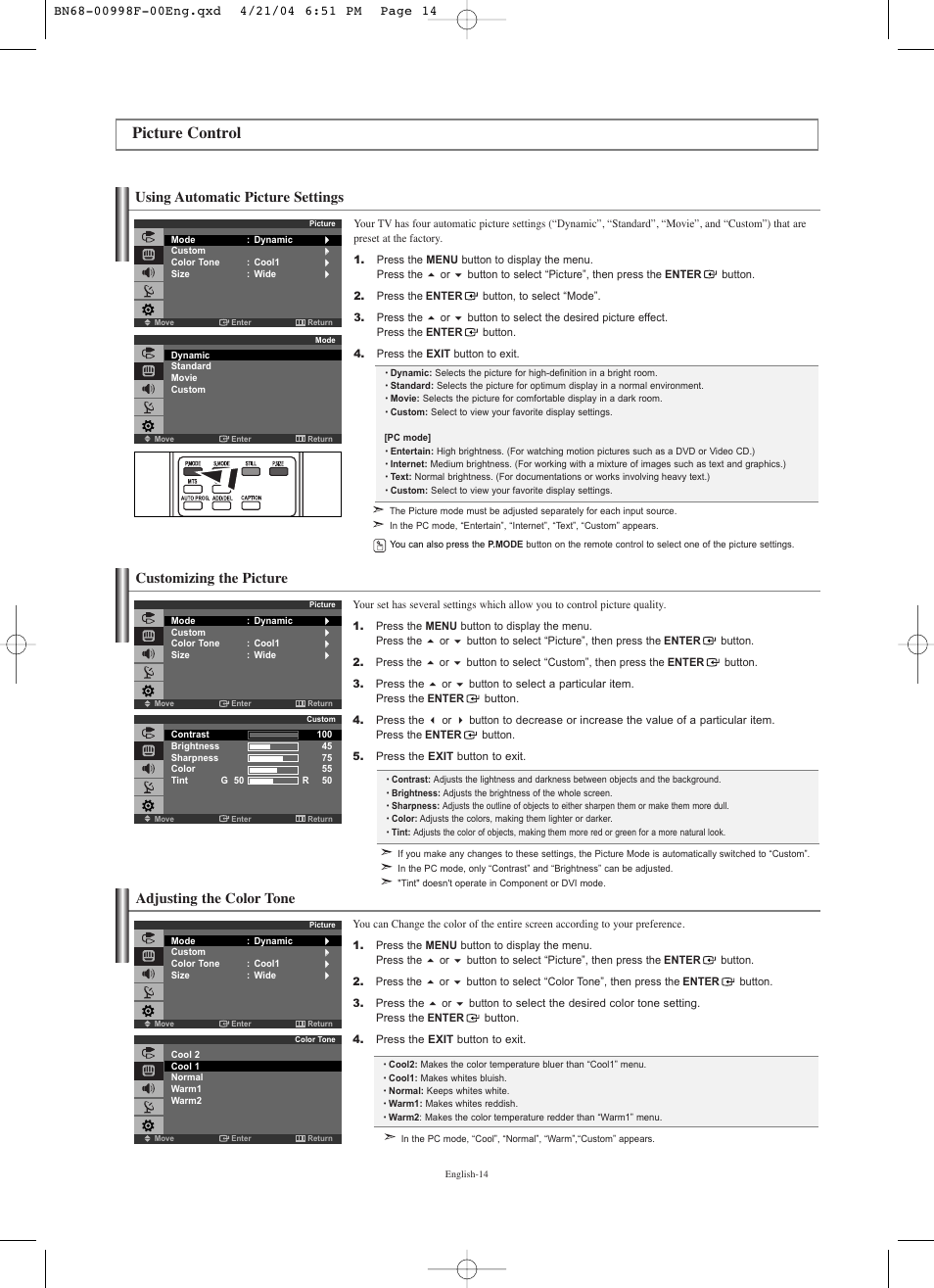 Picture control, Using automatic picture settings, Customizing the picture | Adjusting the color tone | Samsung LNS1951WX-XAP User Manual | Page 16 / 80