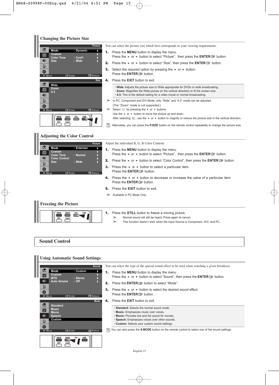 Changing the picture size, Sound control, Using automatic sound settings | Customizing the sound, Adjusting the color control, Freezing the picture | Samsung LNS1951WX-XAP User Manual | Page 17 / 80