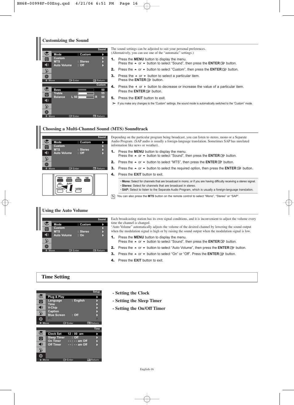 Choosing a multi-channel sound (mts) soundtrack, Using the auto volume, Time setting | Customizing the sound | Samsung LNS1951WX-XAP User Manual | Page 18 / 80