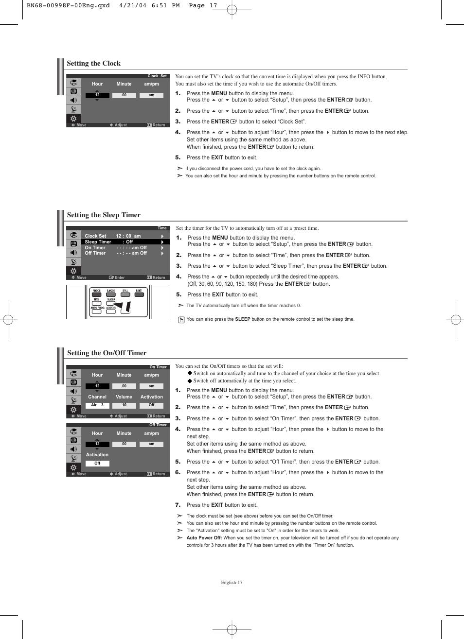 Time setting, Setting the clock, Setting the sleep timer | Setting the on/off timer, Setting the sleep timer setting the on/off timer | Samsung LNS1951WX-XAP User Manual | Page 19 / 80
