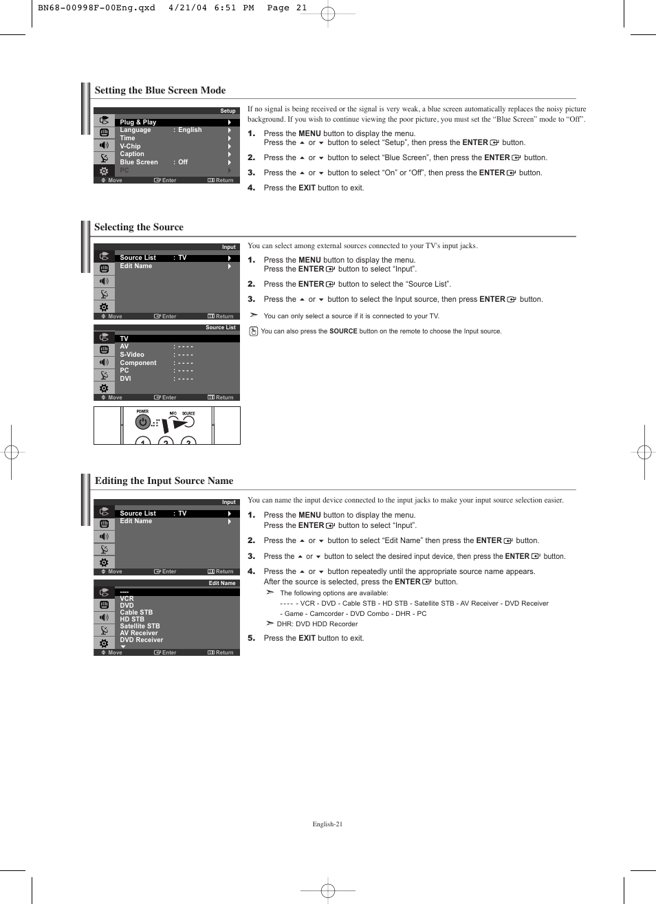 Setting the blue screen mode, Selecting the source, Editing the input source name | Samsung LNS1951WX-XAP User Manual | Page 23 / 80