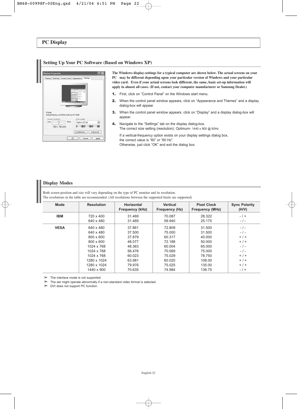 Pc display, Setting up your pc software (based on windows xp), Display modes | Samsung LNS1951WX-XAP User Manual | Page 24 / 80