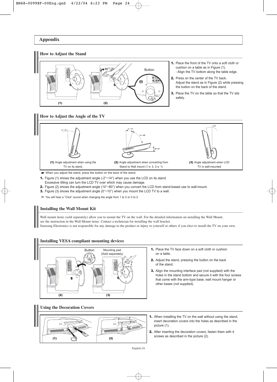 Appendix, How to adjust the stand, How to adjust the angle of the tv | Installing the wall mount kit, Installing vesa compliant mounting devices, Using the decoration covers | Samsung LNS1951WX-XAP User Manual | Page 26 / 80