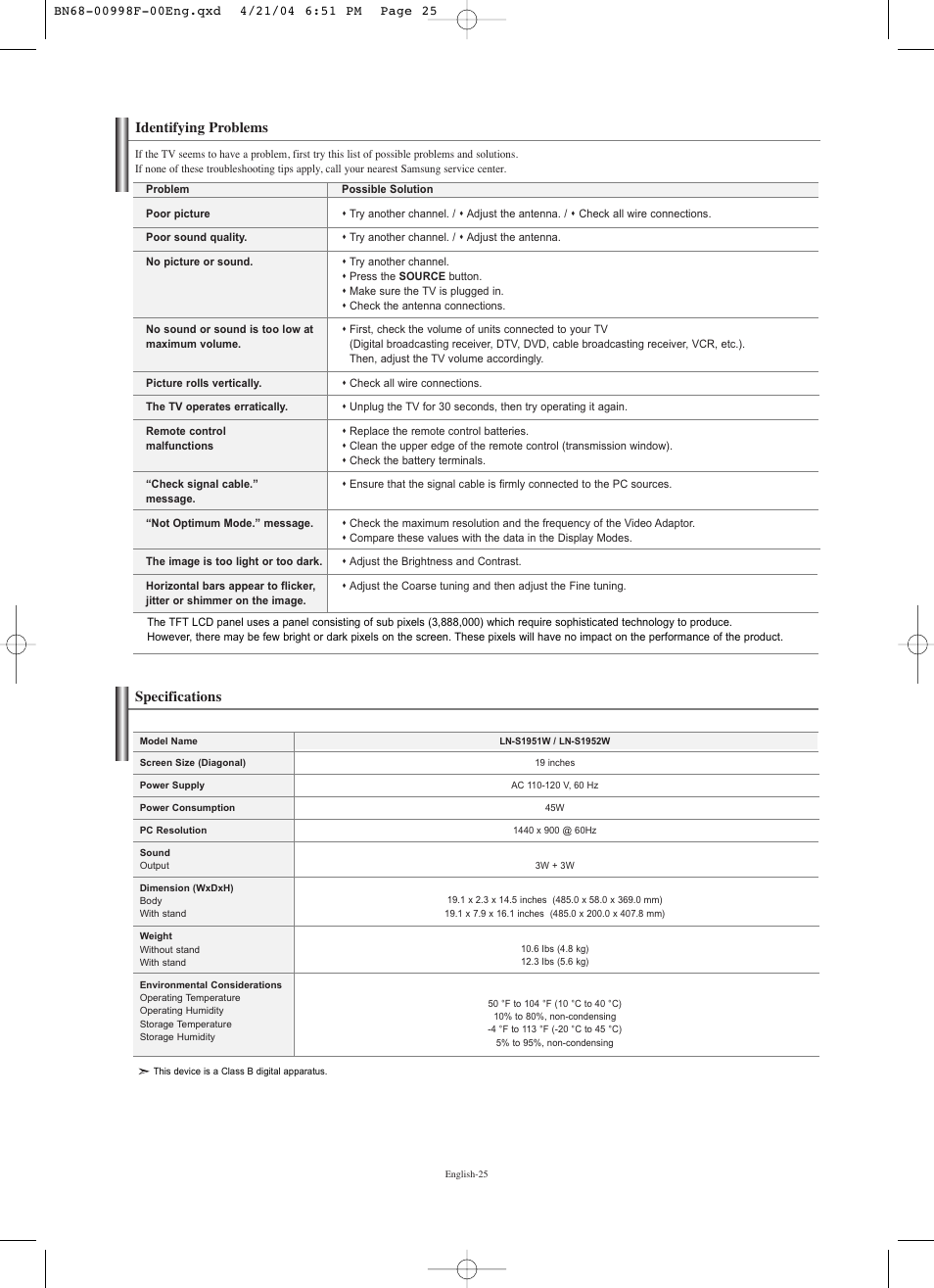 Identifying problems, Specifications | Samsung LNS1951WX-XAP User Manual | Page 27 / 80