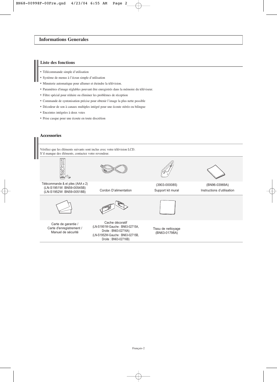 Informations generales, Liste des fonctions accessories | Samsung LNS1951WX-XAP User Manual | Page 30 / 80