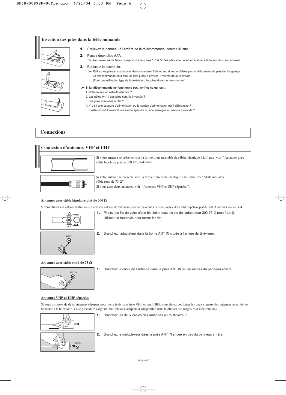 Connexions, Insertion des piles dans la télécommande, Connexion d’antennes vhf et uhf | Samsung LNS1951WX-XAP User Manual | Page 34 / 80