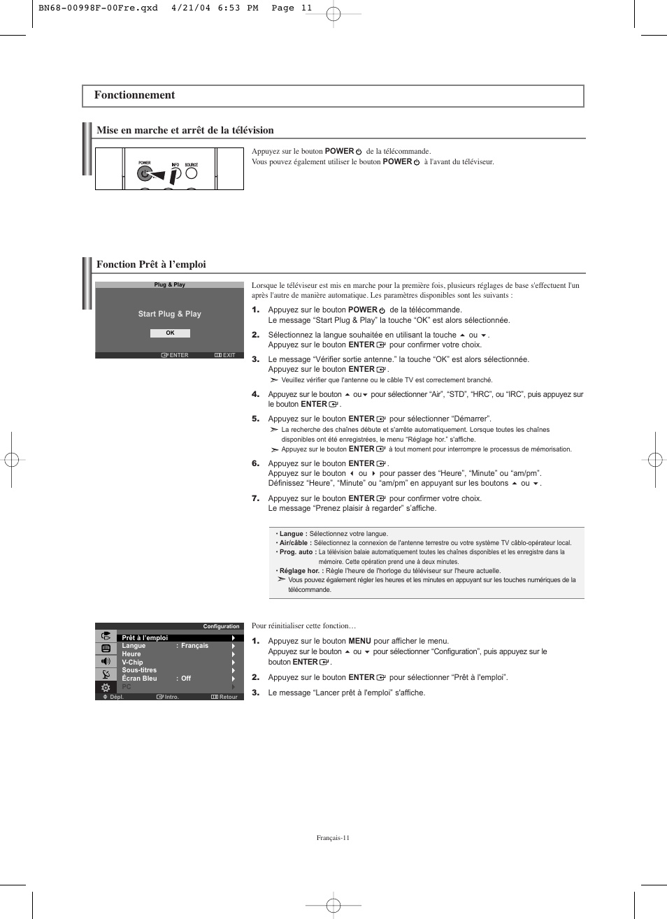 Fonctionnement, Mise en marche et arrêt de la télévision, Fonction prêt à l’emploi | Samsung LNS1951WX-XAP User Manual | Page 39 / 80