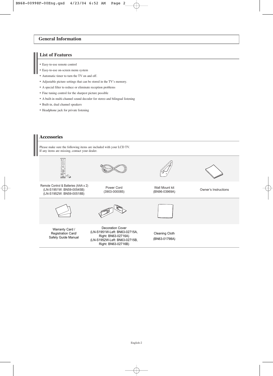 General information, List of features, Accessories | List of features accessories | Samsung LNS1951WX-XAP User Manual | Page 4 / 80