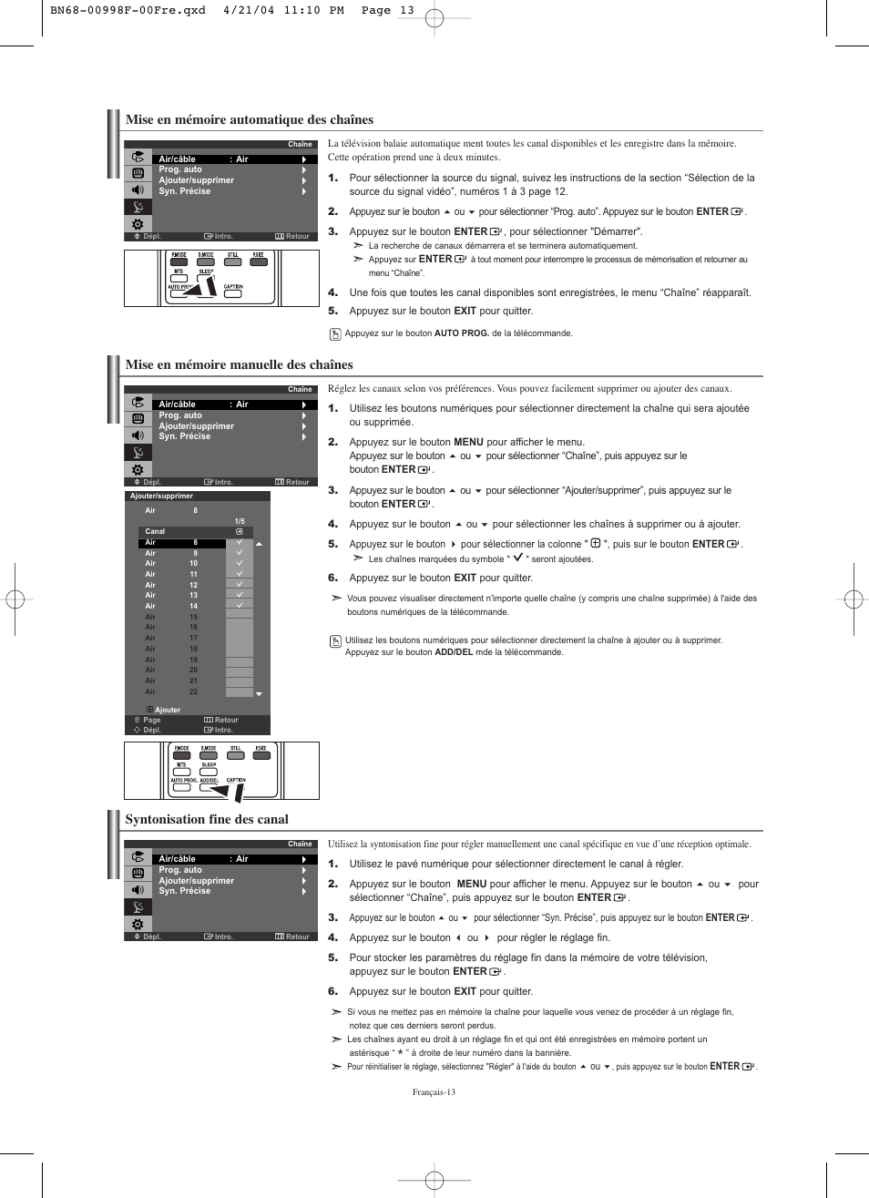 Mise en mémoire manuelle des chaînes, Mise en mémoire automatique des chaînes, Syntonisation fine des canal | Samsung LNS1951WX-XAP User Manual | Page 41 / 80