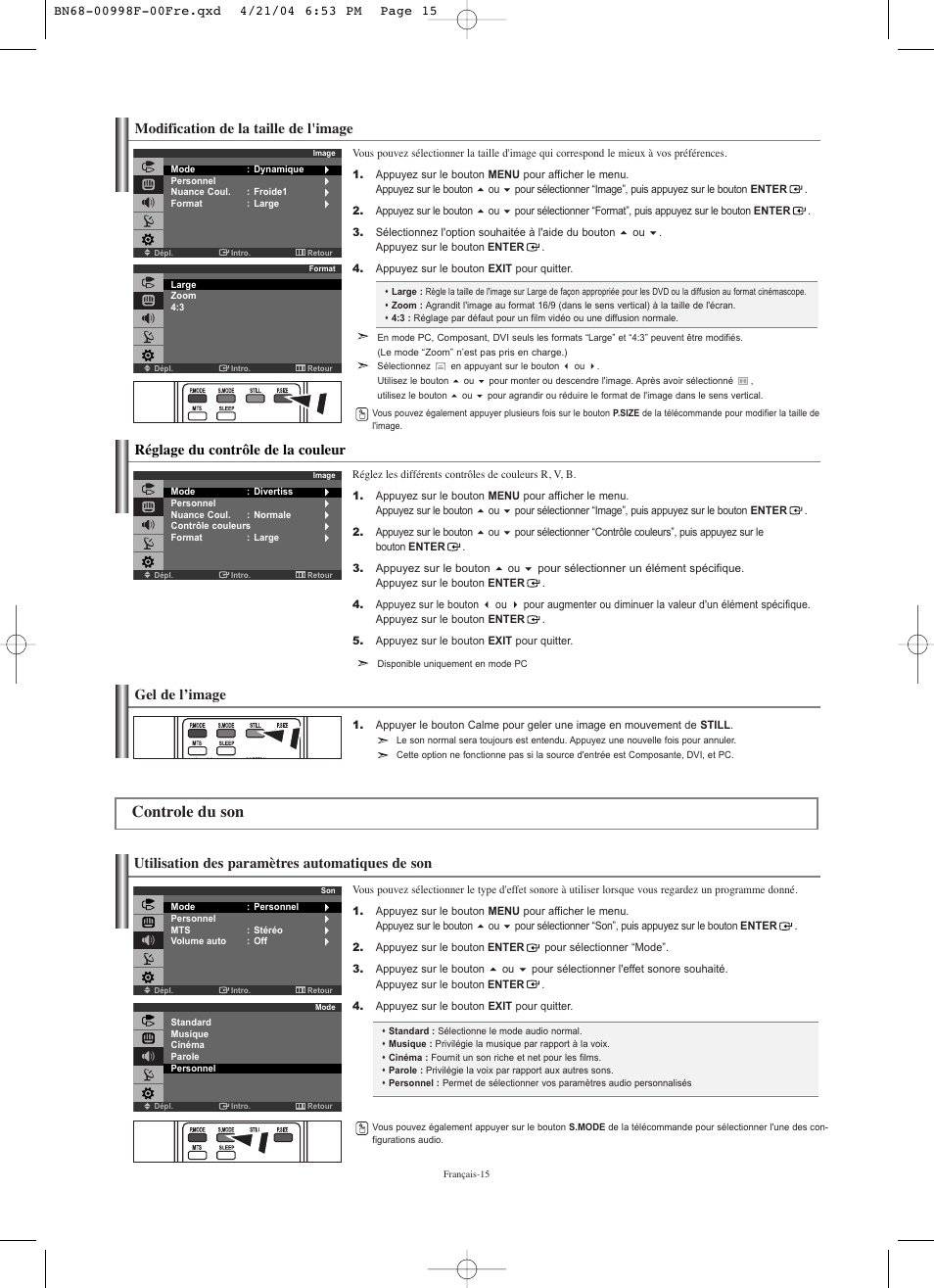 Controle du son, Modification de la taille de l'image, Utilisation des paramètres automatiques de son | Réglage du contrôle de la couleur, Gel de l’image | Samsung LNS1951WX-XAP User Manual | Page 43 / 80