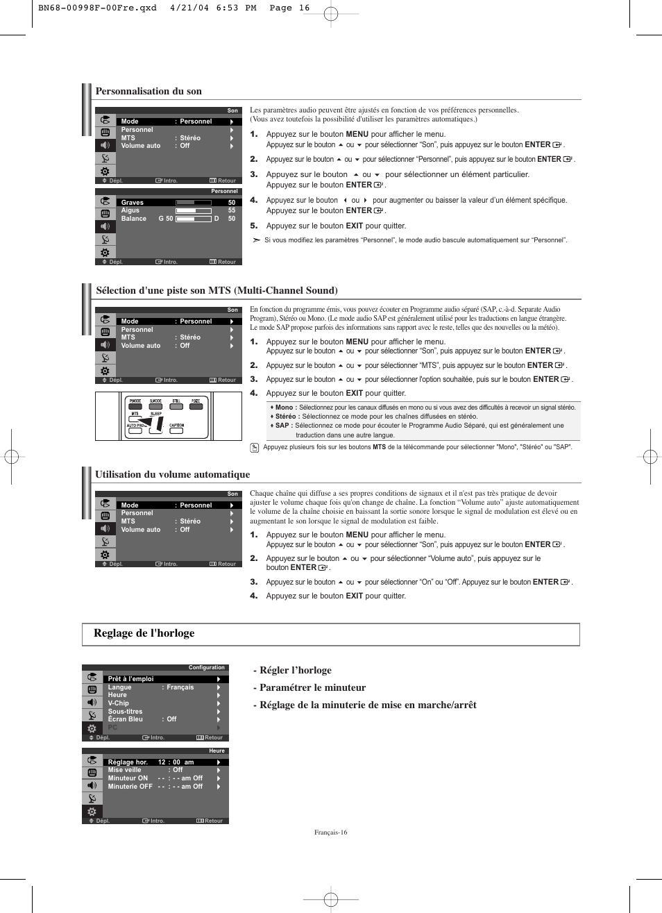 Reglage de l'horloge, Utilisation du volume automatique, Personnalisation du son | Samsung LNS1951WX-XAP User Manual | Page 44 / 80