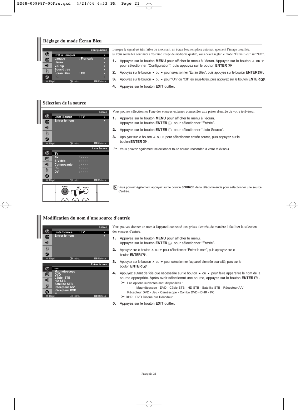 Réglage du mode écran bleu, Sélection de la source, Modification du nom d'une source d'entrée | Samsung LNS1951WX-XAP User Manual | Page 49 / 80
