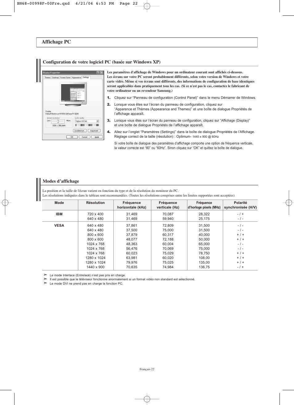 Affichage pc, Modes d’affichage | Samsung LNS1951WX-XAP User Manual | Page 50 / 80