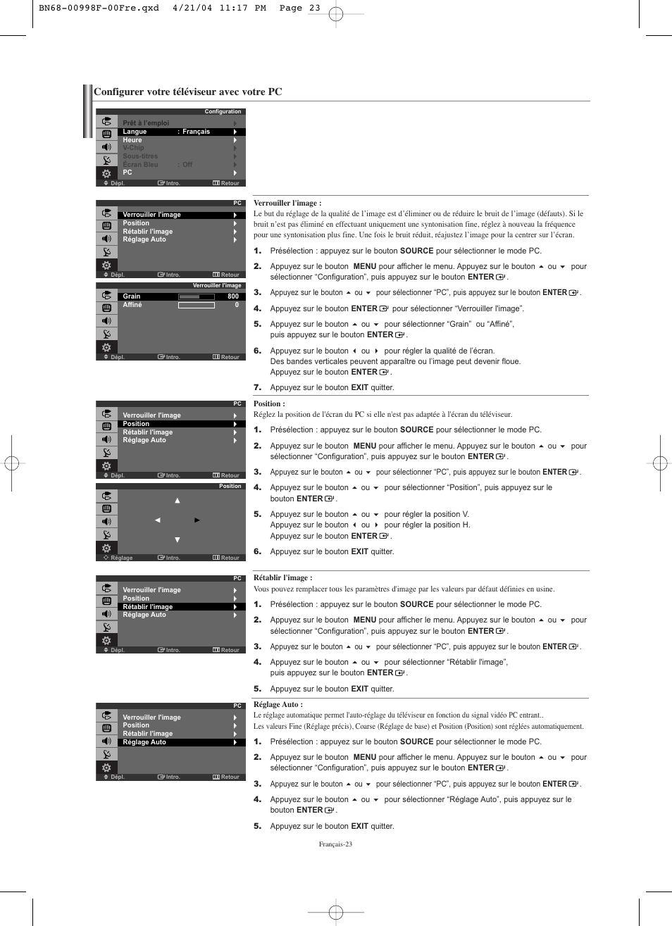 Configurer votre téléviseur avec votre pc | Samsung LNS1951WX-XAP User Manual | Page 51 / 80