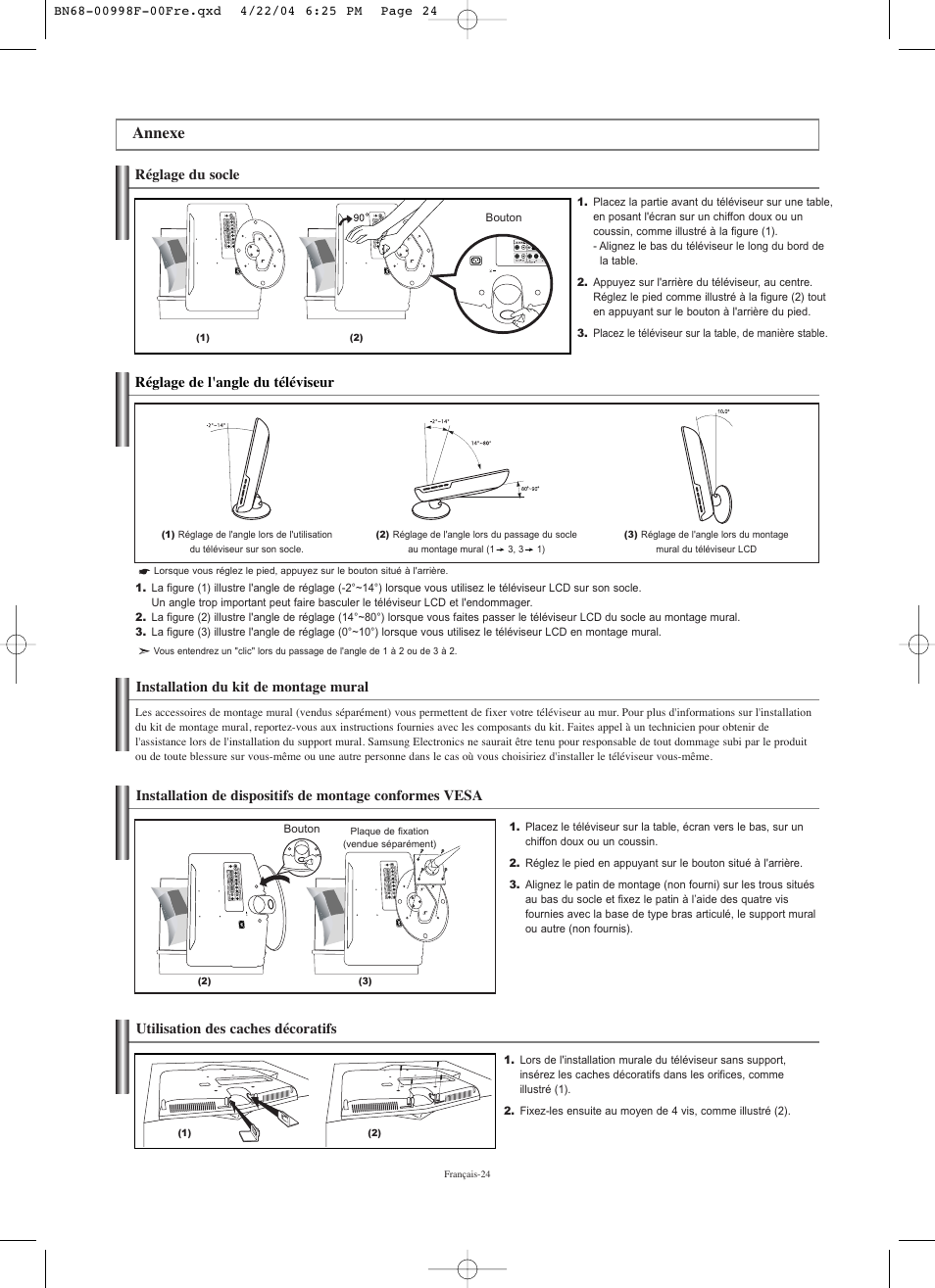 Annexe, Réglage du socle réglage de l'angle du téléviseur, Utilisation des caches décoratifs | Samsung LNS1951WX-XAP User Manual | Page 52 / 80