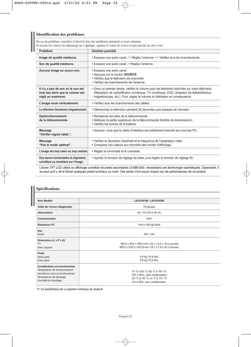 Spécifications, Identification des problèmes | Samsung LNS1951WX-XAP User Manual | Page 53 / 80