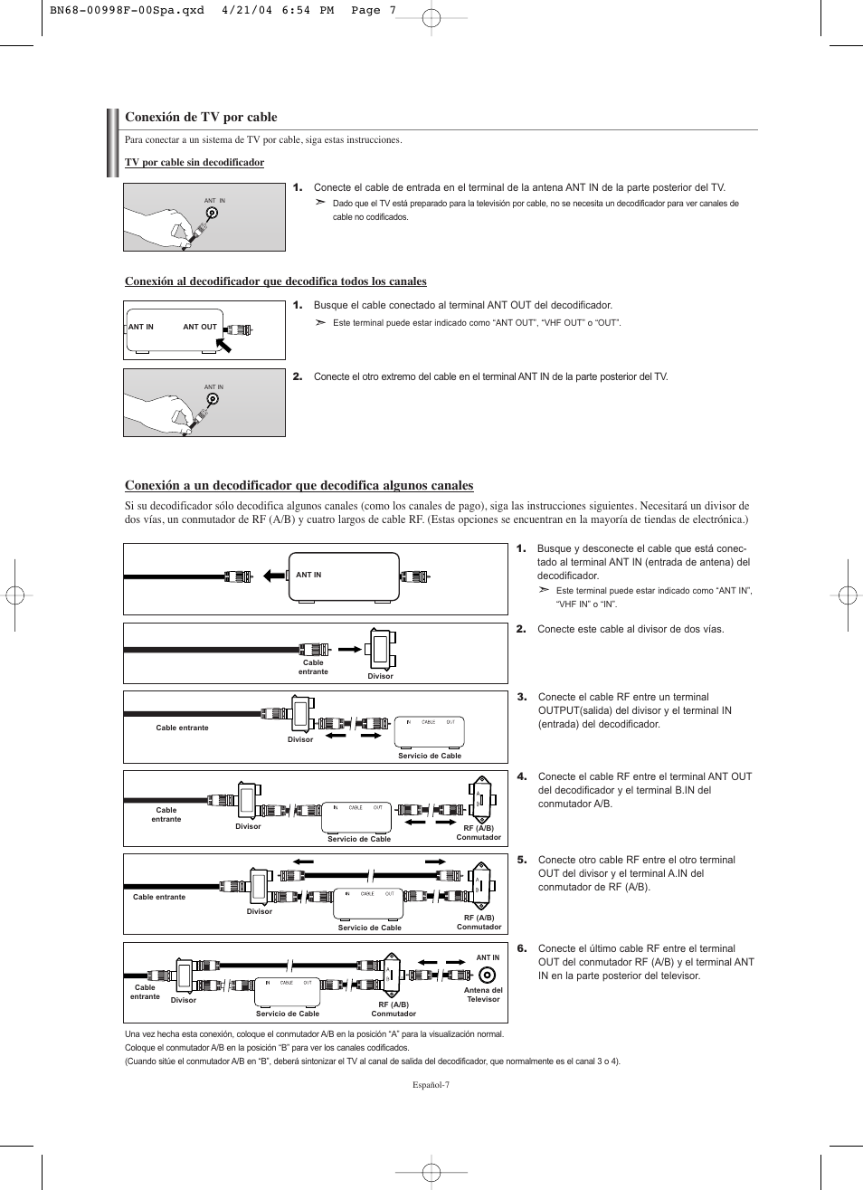 Conexión de tv por cable | Samsung LNS1951WX-XAP User Manual | Page 61 / 80