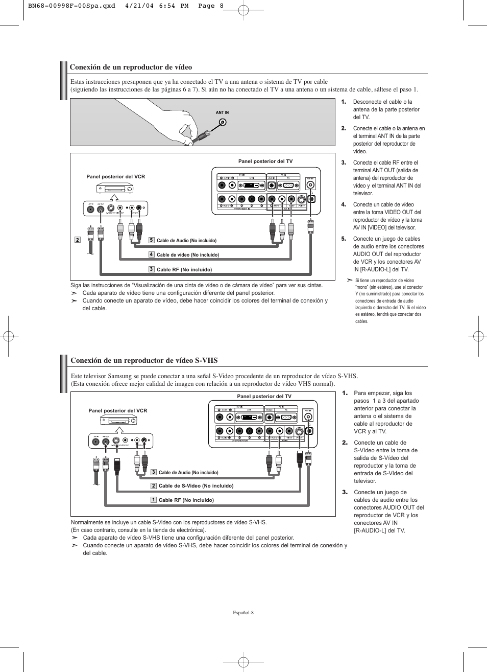 Conexión de un reproductor de vídeo, Conexión de un reproductor de vídeo s-vhs | Samsung LNS1951WX-XAP User Manual | Page 62 / 80