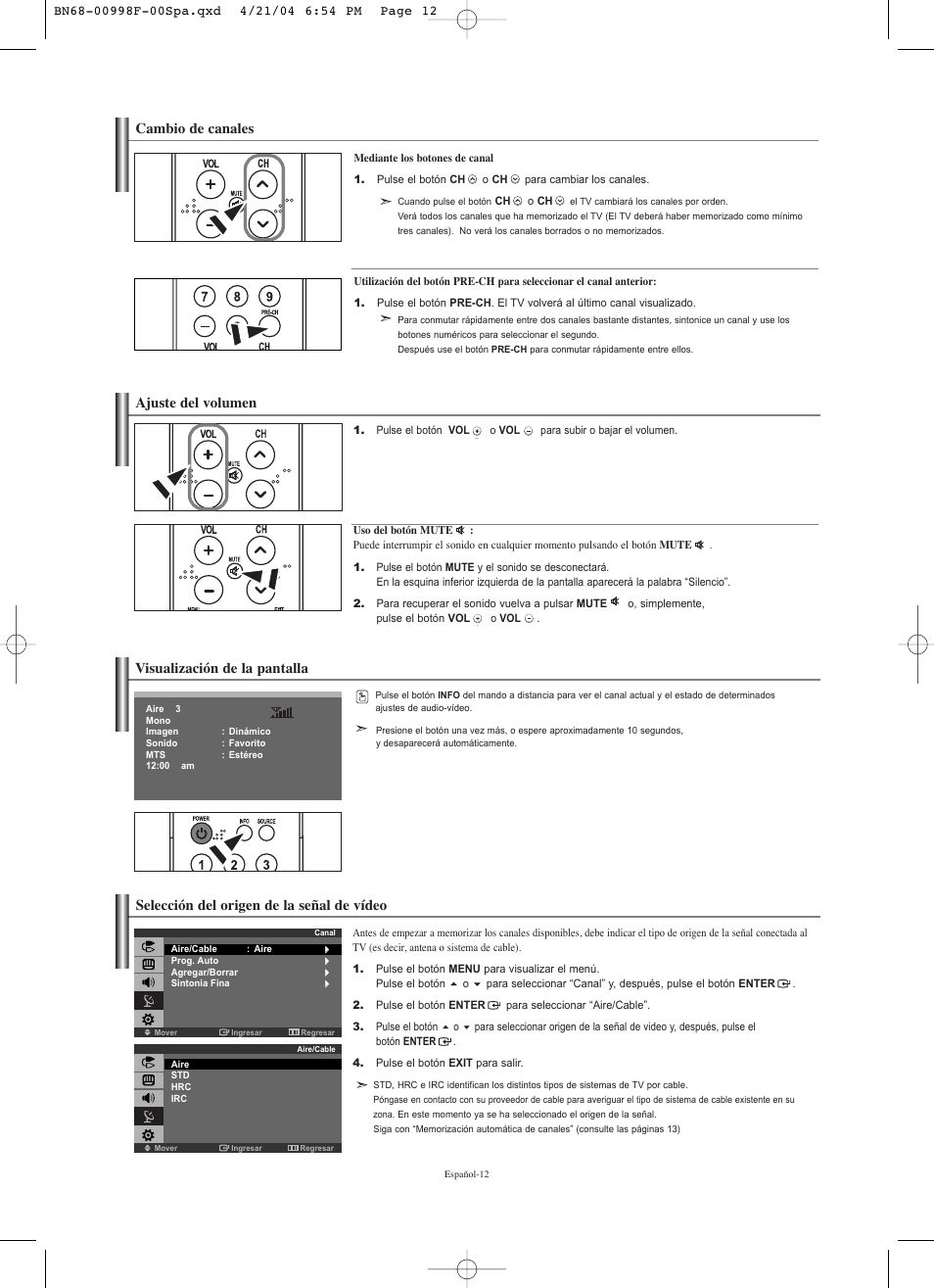 Visualización de la pantalla, Ajuste del volumen, Selección del origen de la señal de vídeo | Cambio de canales | Samsung LNS1951WX-XAP User Manual | Page 66 / 80