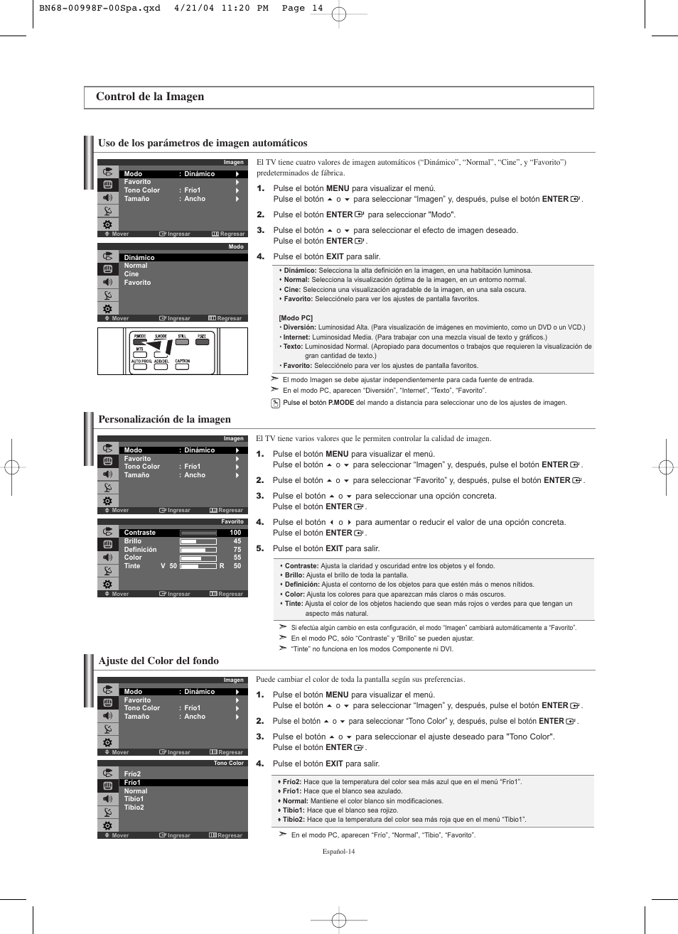 Control de la imagen, Uso de los parámetros de imagen automáticos, Ajuste del color del fondo | Personalización de la imagen | Samsung LNS1951WX-XAP User Manual | Page 68 / 80