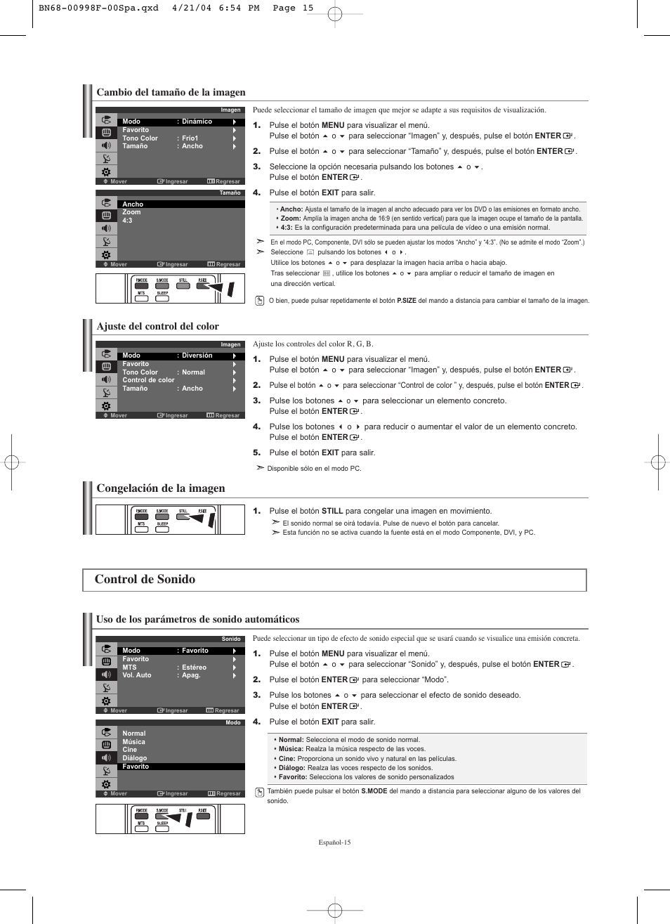 Control de sonido, Congelación de la imagen, Cambio del tamaño de la imagen | Uso de los parámetros de sonido automáticos, Ajuste del control del color | Samsung LNS1951WX-XAP User Manual | Page 69 / 80