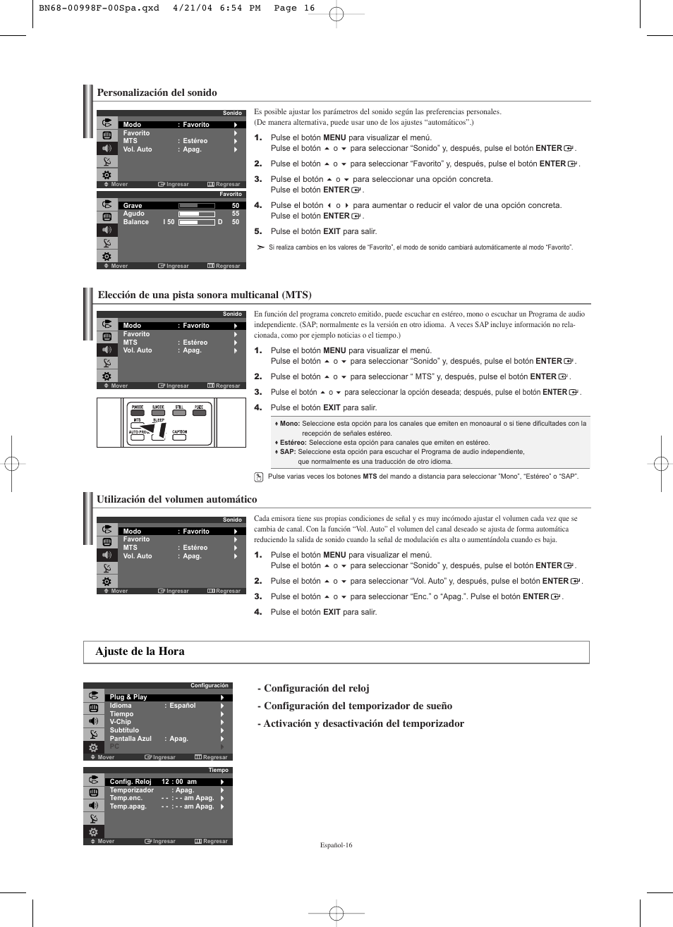 Ajuste de la hora, Elección de una pista sonora multicanal (mts), Utilización del volumen automático | Personalización del sonido | Samsung LNS1951WX-XAP User Manual | Page 70 / 80