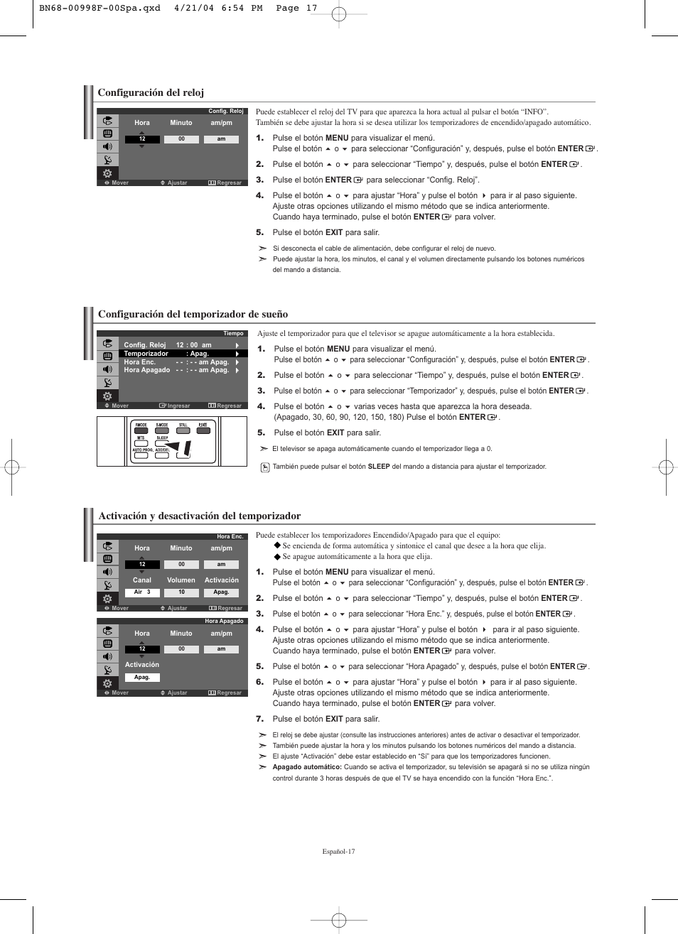 Configuración del reloj | Samsung LNS1951WX-XAP User Manual | Page 71 / 80