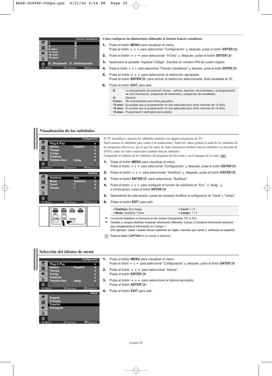 Visualización de los subtítulos, Selección del idioma de menú | Samsung LNS1951WX-XAP User Manual | Page 74 / 80