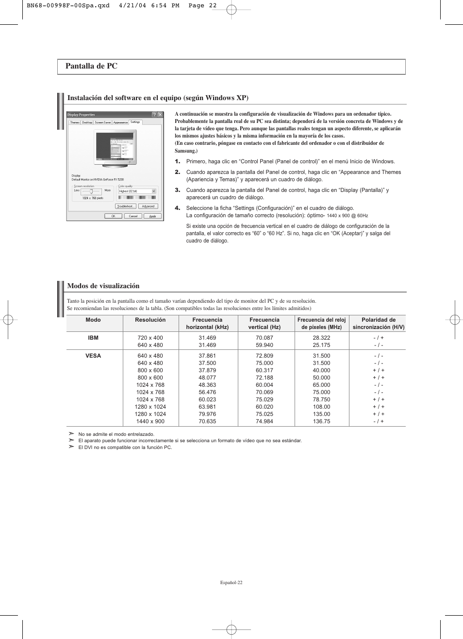 Pantalla de pc, Modos de visualización | Samsung LNS1951WX-XAP User Manual | Page 76 / 80