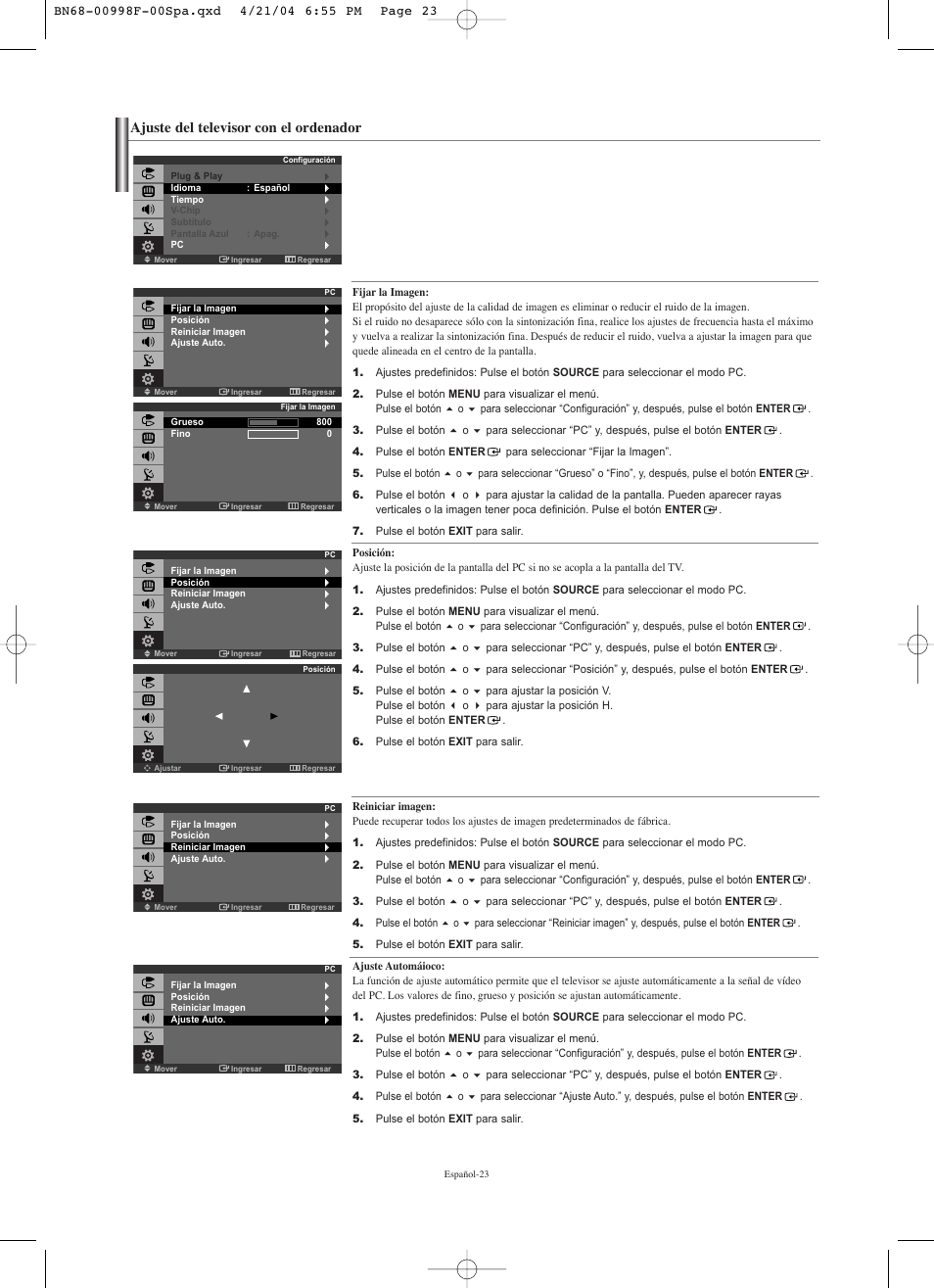 Ajuste del televisor con el ordenador | Samsung LNS1951WX-XAP User Manual | Page 77 / 80